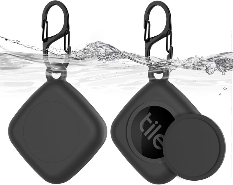 SGHLDE Silicone Case for Life360 Tile Tracker 2 Pack, for Tile Mate 2022 Full Body IPX8 Waterproof and Anti-Scratch Protective with Carabiner for Kids, Keys, Luggage, Cat/Dog Collar Tag (Black+Black) - Image 1